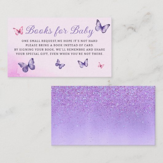 紫のフローラ蝶の赤ちゃんシャワーブックリクエスト エンクロージャーカード (正面/裏面)