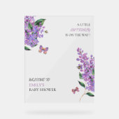 紫のフローラ蝶の赤ちゃんシャワー アクリルサイン (正面)