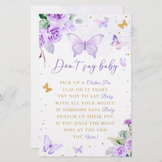 紫のフローラ蝶は赤ちゃんシャワーゲームと言わない 便箋 (正面/裏面)