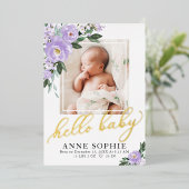 紫のフローラ誕生のお知らせ&サンキューカード 箔招待状 (立ち正面)