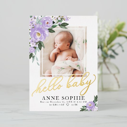 紫のフローラ誕生のお知らせ&サンキューカード 箔招待状 (立ち正面)