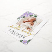 紫のフローラ誕生のお知らせ&サンキューカード 箔招待状 (回転した状態)