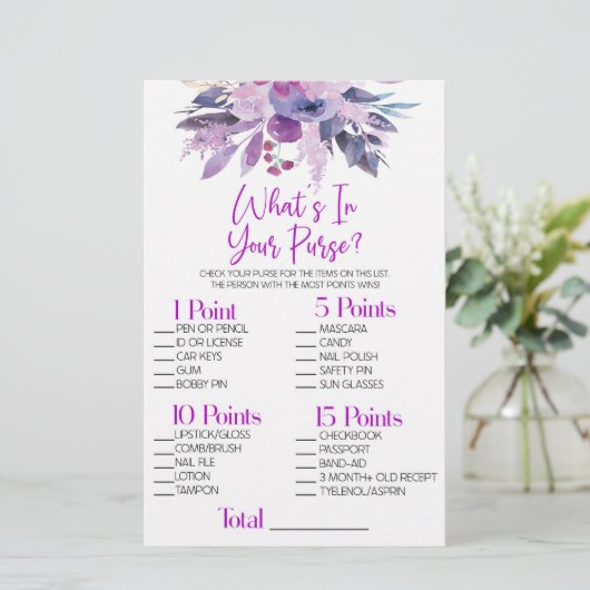 紫のフローラ財布のブライダルシャワーゲーム 便箋 (スタンド正面)