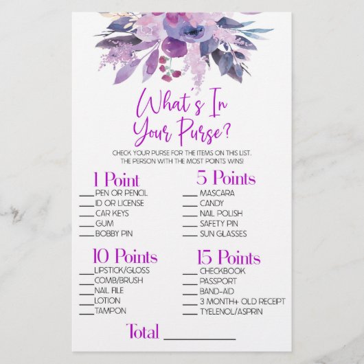 紫のフローラ財布のブライダルシャワーゲーム 便箋 (正面)