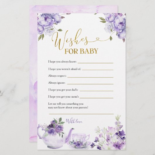 紫のフローラ赤ちゃんシャワーお茶の願いベビー (正面/裏面)