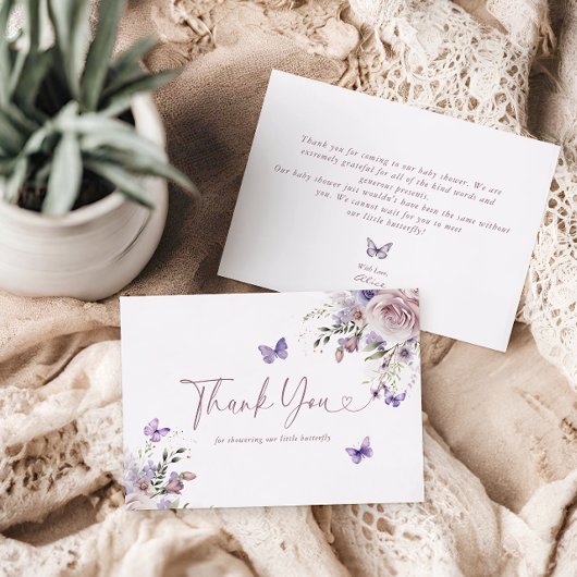 紫のフローラ赤ちゃんシャワーバタフライサンキューカード 招待状