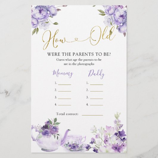 紫のフローラ赤ちゃんシャワー茶どのように老いた両親 (正面)