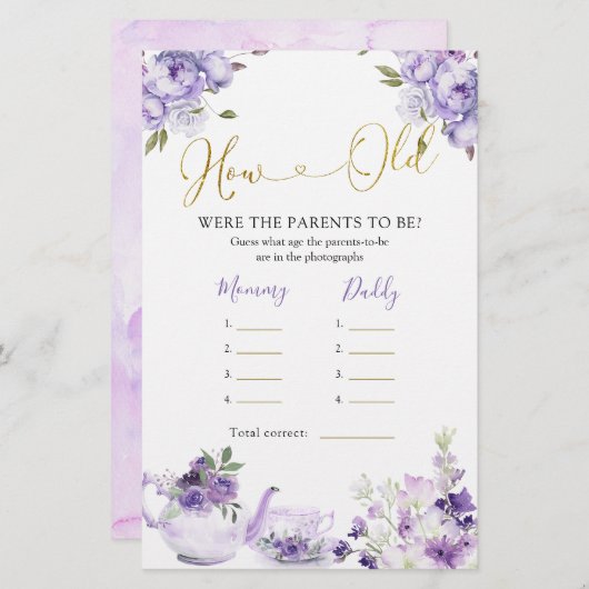 紫のフローラ赤ちゃんシャワー茶どのように老いた両親 (正面/裏面)