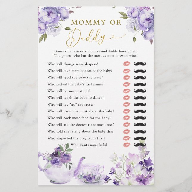 紫のフローラ赤ちゃんシャワー茶パーティーママまたはパパ (正面)