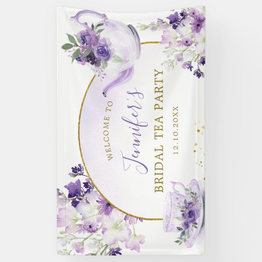 紫のフローラ赤ちゃんシャワー茶パーティー大きなバナー 横断幕 (縦)