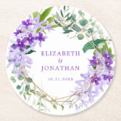 紫のフローラ金ゴールドフレ結婚ーム ラウンドペーパーコースター (正面)