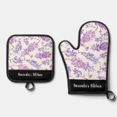 紫のフローラ開花水色スクリプトパーソナライズされた 鍋つかみ&鍋敷きセット (正面)