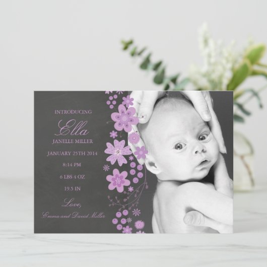 紫のフローラ黒板の誕生のお知らせ 案内状 (スタンド正面)