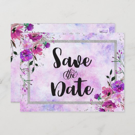 紫のフローラ&シルバーフレーム結婚式の日付を保存 案内ポストカード (正面/裏面)