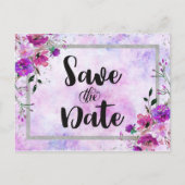 紫のフローラ&シルバーフレーム結婚式の日付を保存 案内ポストカード (正面)