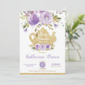 紫のフローラ·ベイビー·シャワー·ハイティー·パーティー·ベイビー·ガール 招待状 (スタンド正面)