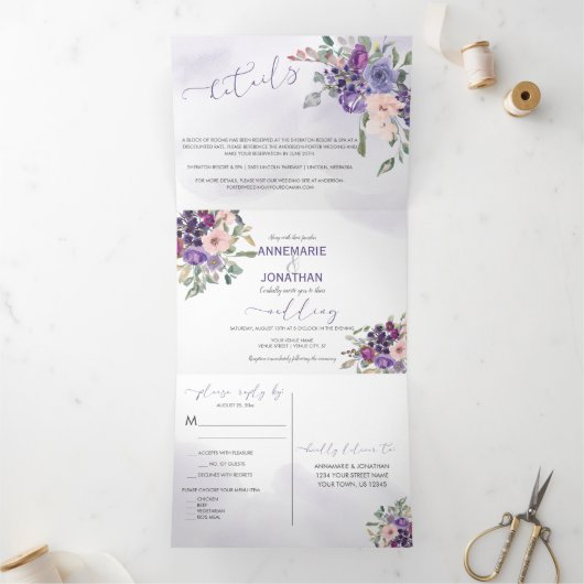 紫のフローラ*DIY*色変更スクリプト 三つ折り招待状 (内部)