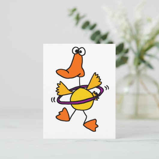 紫のフープで遊ぶアニメのダック ポストカード (スタンド正面)
