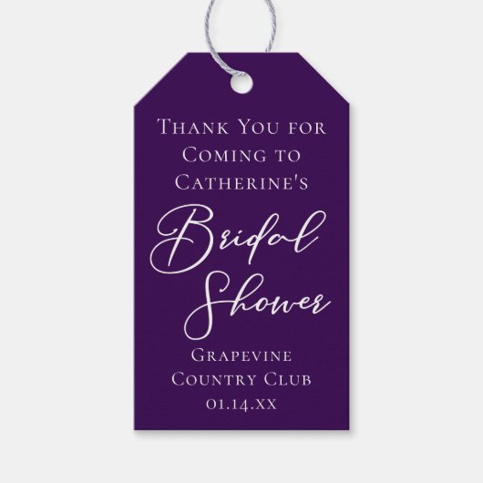 紫のブライダルシャワーパーソナライズされたホワイトスクリプト ギフトタグ (正面)
