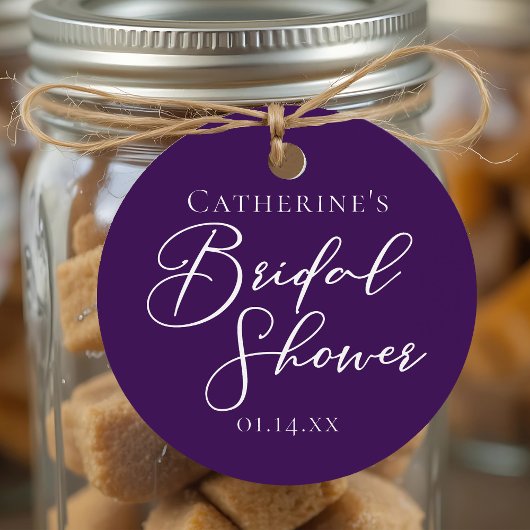 紫のブライダルシャワーパーソナライズされたホワイトスクリプト フェイバータグ