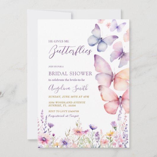 紫のブライダルシャワー彼与えは私蝶 招待状 (正面)