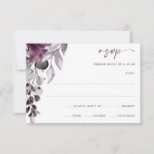 紫のプラムの結婚式 水彩の花と葉のRSVP 出欠カード (正面)