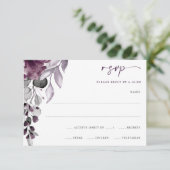 紫のプラムの結婚式 水彩の花と葉のRSVP 出欠カード (スタンド正面)