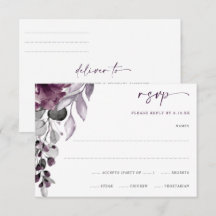 紫のプラムの結婚式 水彩の花と葉のRSVP