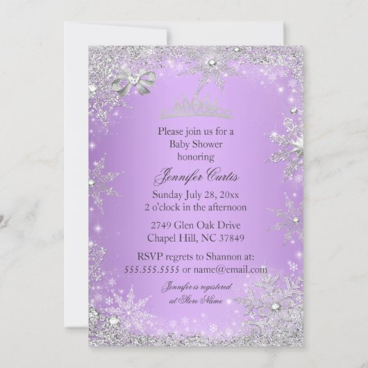 紫のプリンセス冬の赤ちゃんシャワーエスニック 招待状 (裏面)