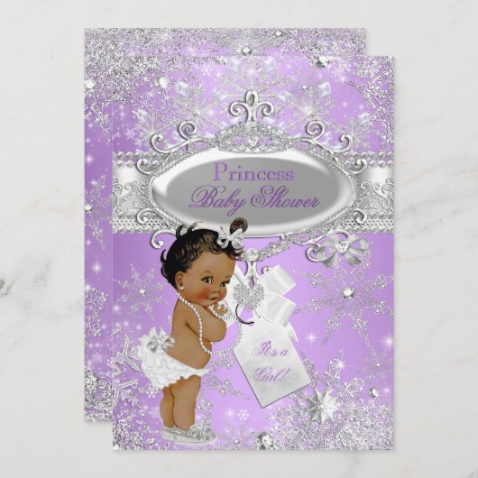 紫のプリンセス冬の赤ちゃんシャワーエスニック 招待状 (正面/裏面)