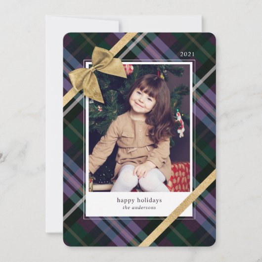 紫のプレイドギフト包まれた&金ゴールド弓プレゼントフォト シーズンカード (正面)