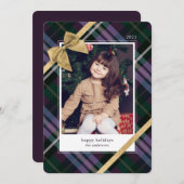 紫のプレイドギフト包まれた&金ゴールド弓プレゼントフォト シーズンカード (正面/裏面)