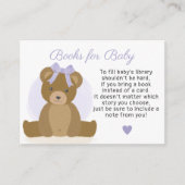 紫のベビーガール赤ちゃんシャワーのためのテディベアの本 エンクロージャーカード (正面)