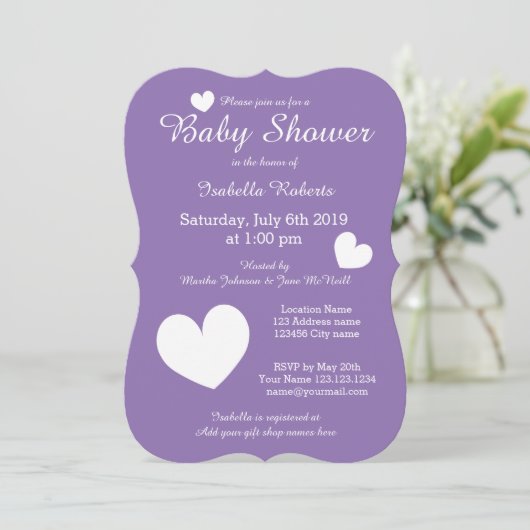 紫のベビーシャワー招待状とかわいいハート 招待状 (スタンド正面)