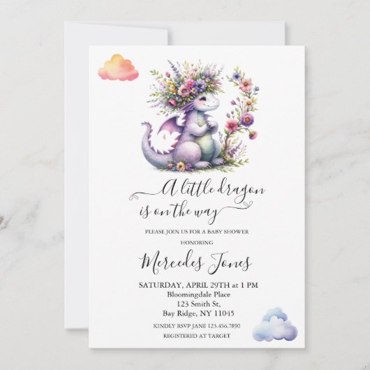 紫のベビードラゴンと花レインボーアート 招待状 (正面)