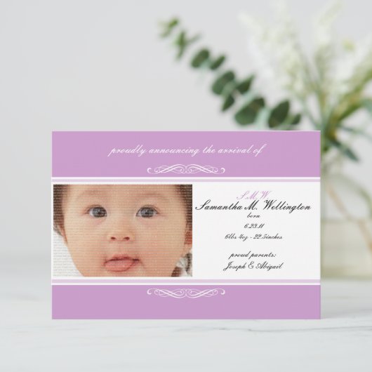 紫のベビー発表カード 案内状 (スタンド正面)