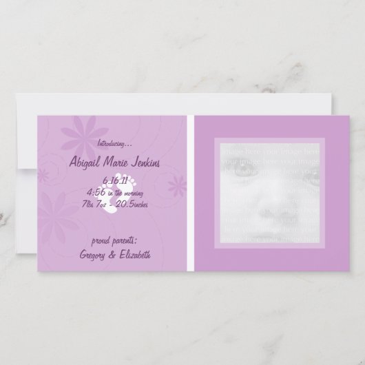 紫のベビー発表写真カード 案内状 (正面)
