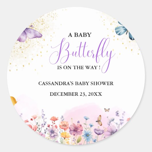 紫のベビー蝶の赤ちゃんシャワー ラウンドシール (正面)