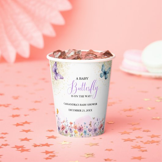 紫のベビー蝶の赤ちゃんシャワー 紙コップ (インサイチュ)