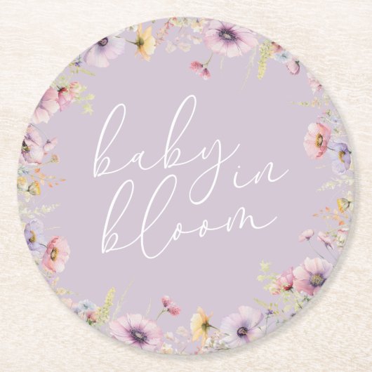 紫のベビー開花フローラワイルドフラワーベビーシャワー ラウンドペーパーコースター (正面)