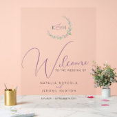 紫のベリーの緑の葉モノグラムの結婚式 アクリルサイン (ウェディング)