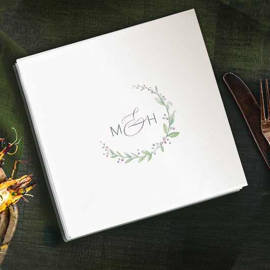 紫のベリーの緑の葉モノグラムの結婚式 スタンダードカクテルナプキン