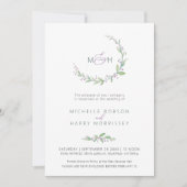 紫のベリーの緑の葉モノグラムの結婚式 招待状 (正面)