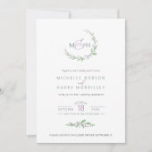 紫のベリーの緑の葉モノグラムの結婚式 招待状 (正面)