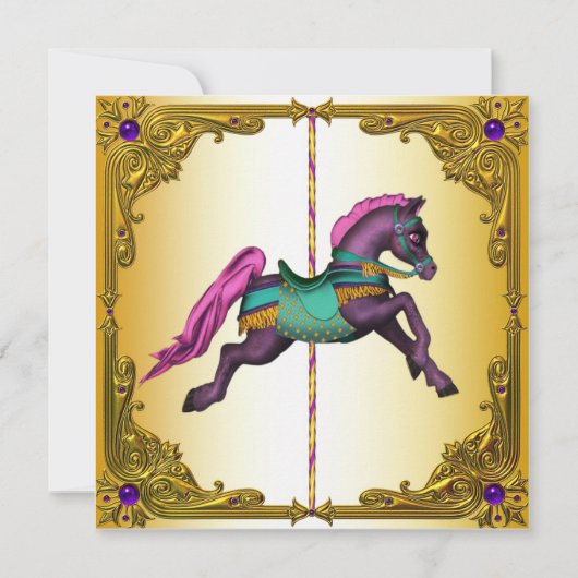 紫のポニー メリーゴーランドの馬 誕生日パーティー 招待状 (正面)