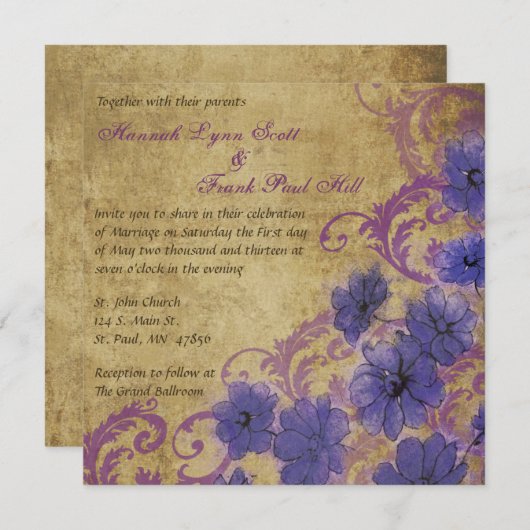 紫のポピーと繁栄ヴィンテージの結婚式のinvitati 招待状 (正面/裏面)