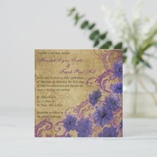 紫のポピーと繁栄ヴィンテージの結婚式のinvitati 招待状 (スタンド正面)