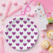 紫のポルカハートオン白 ペーパープレート (パーティー)