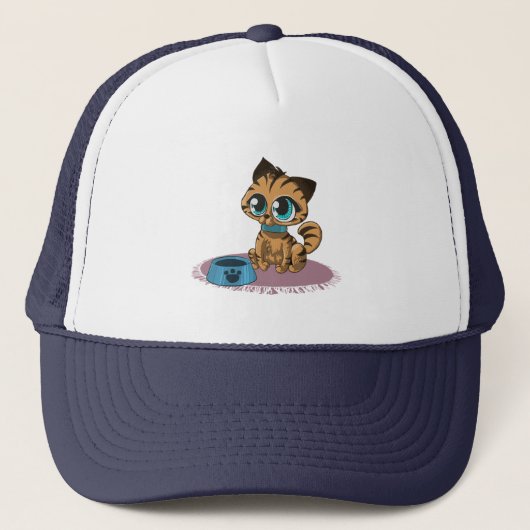 紫のマットに茶色の青い目の子猫 キャップ (正面)
