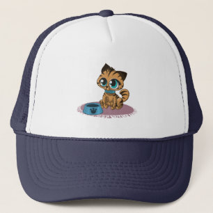 紫のマットの上の青い目をした茶色の子猫 キャップ